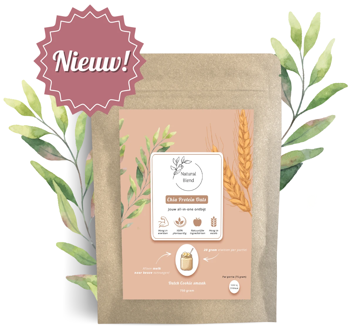 Natural Blend Chia Protein Oats – eiwitrijk vegan ontbijt met chiazaad, haver en eiwitpoeder, 20 gram proteïne per portie